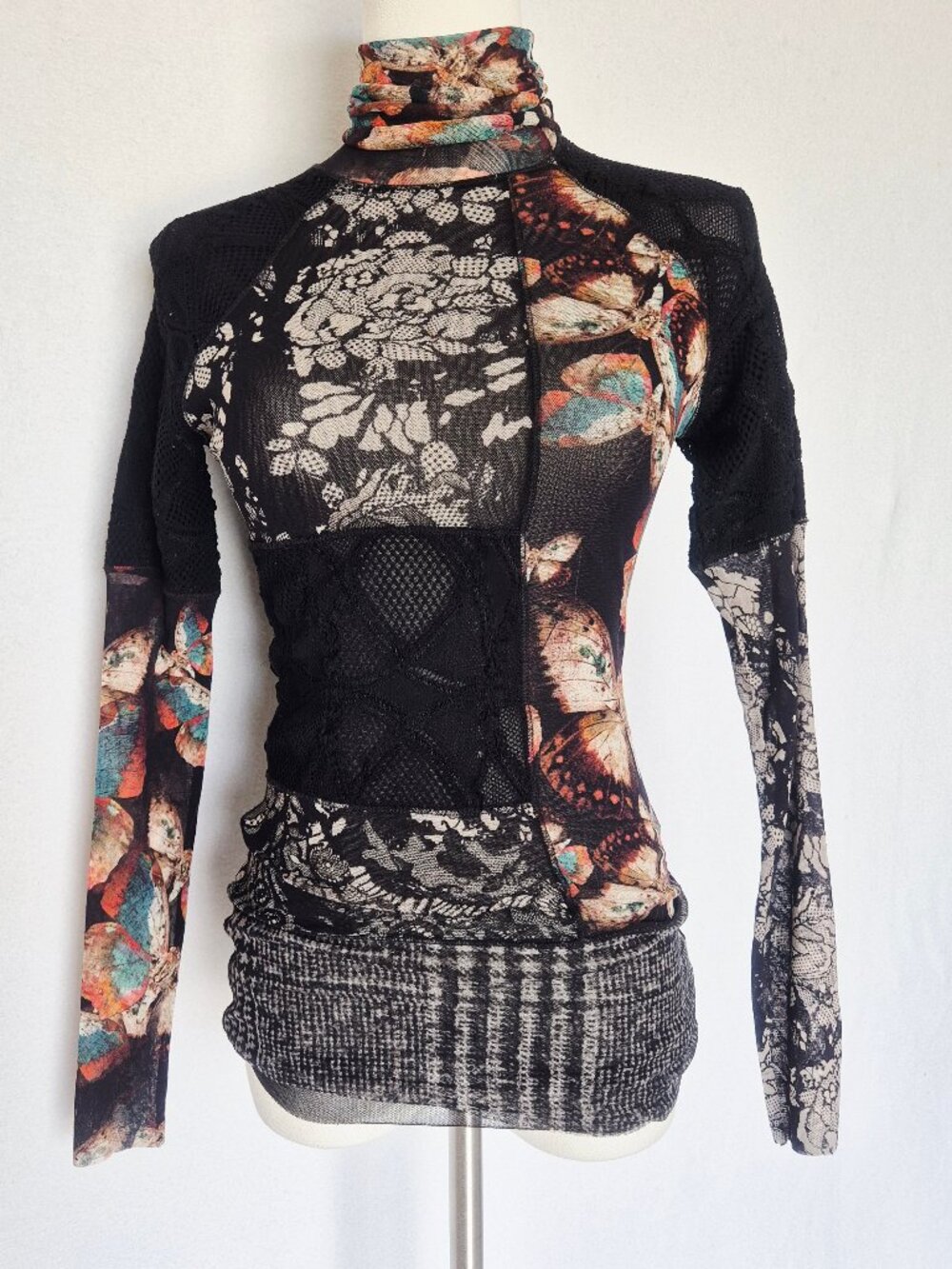 FUZZI Made in Italy Floral Butterfly Patchwork Mesh Top Turtle Neck Black